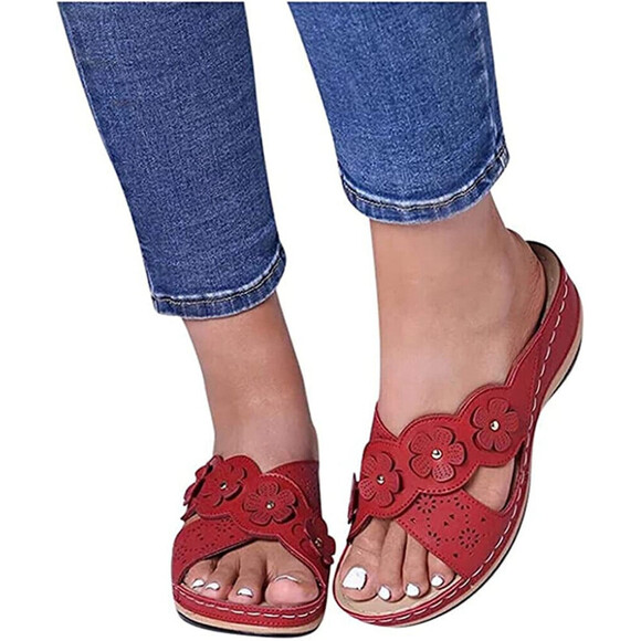Floral Casual Wedge Sandals In Red - Picture 1 of 5